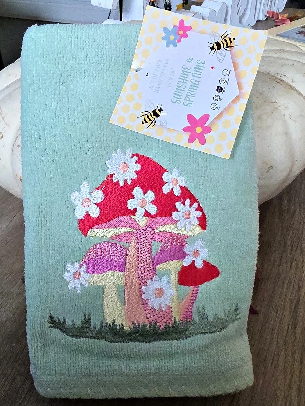 Spring Mushrooms Embroidered Cotton Hand Towels Hand